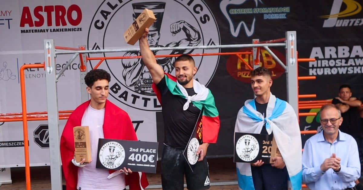 This is the cover image of the blog about the Caliathletics Battles Vol. 4 organised in Poland in 2023. The photo includes the top 3 calisthenics athletes of the calisthenics competition, namely Radoslav Radev, Ismail Moro and Yarin Cohen.
