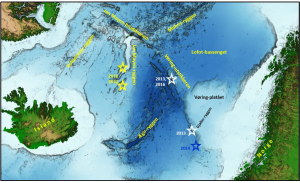 The localities of the  sampling of solid rock on the seabed. 