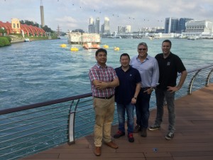 SIT 250 tidal platform located in front of Sentosa Boardwalk, Singapore. From left to right: Mr Lochinvar Abundo, Managing Director OceanPixel, Mr Cheng, Chairman and Founder of Environtek, Mr Hayman, Managing Director Sustainable Marine Energy and Mr Starzmann,  Sales Director SCHOTTEL HYDRO